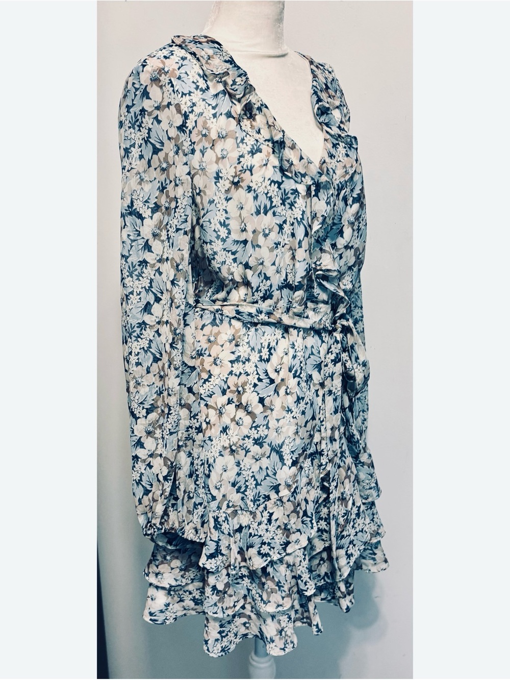 Bardot Boho Floral Long Sleeve Ruffle Faux Wrap Mini Dress, Blue and White- MED